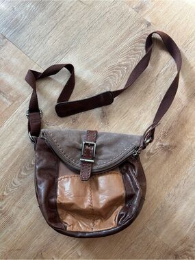 The Sak Deena Flap Fold Over Leather Brown Patchwork Crossbody Purse adjustable